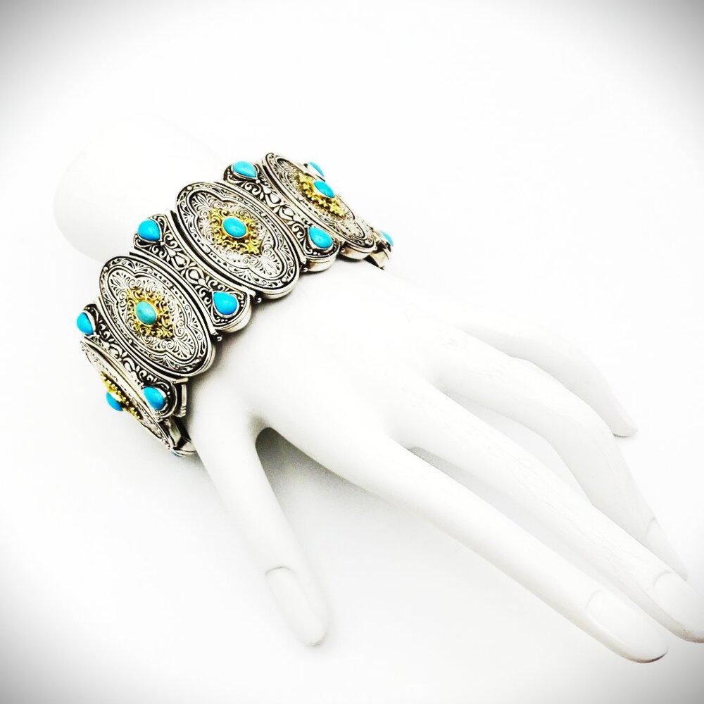 KONSTANTINO Sterling Silver 18K Gold Turquoise Wide Bangle Bracelet 149 Grams - Picture 13 of 15